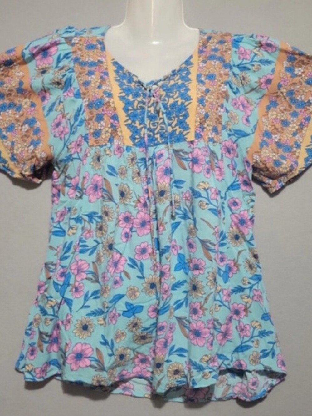 GiGIO USA Floral Mixed Print Flutter Sleeve Blouse Floral Lace-Up Peasant Blouse
